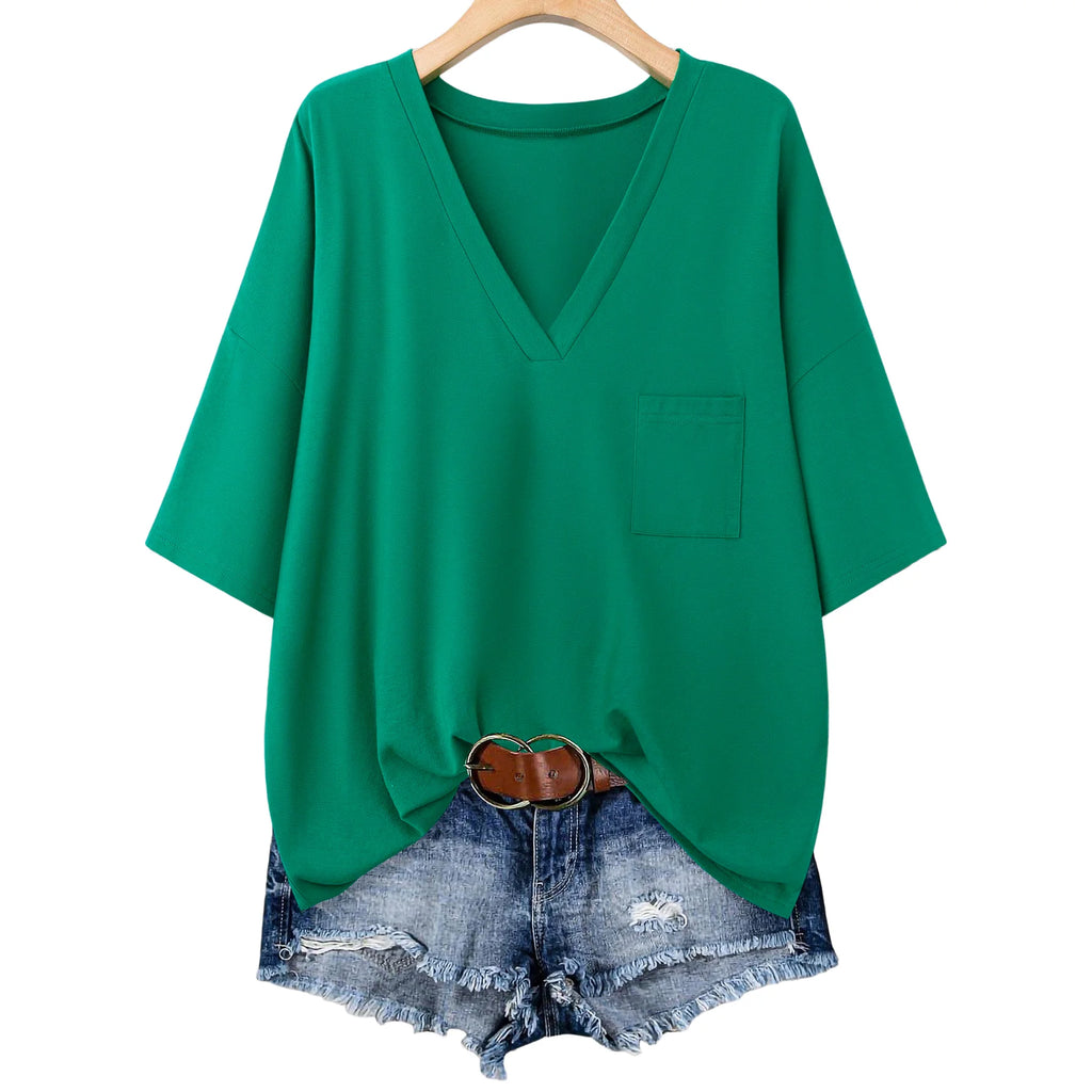 T-shirt Ample Col V — Manches Chauve-Souris, Poche Avant, Couleur Unie
