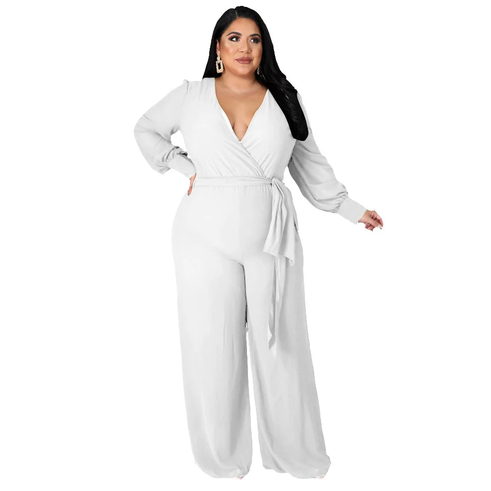 Combinaison Col en V & Ceinture — Écharpe, Jambes Larges, Pleine Longueur, Automne/Hiver