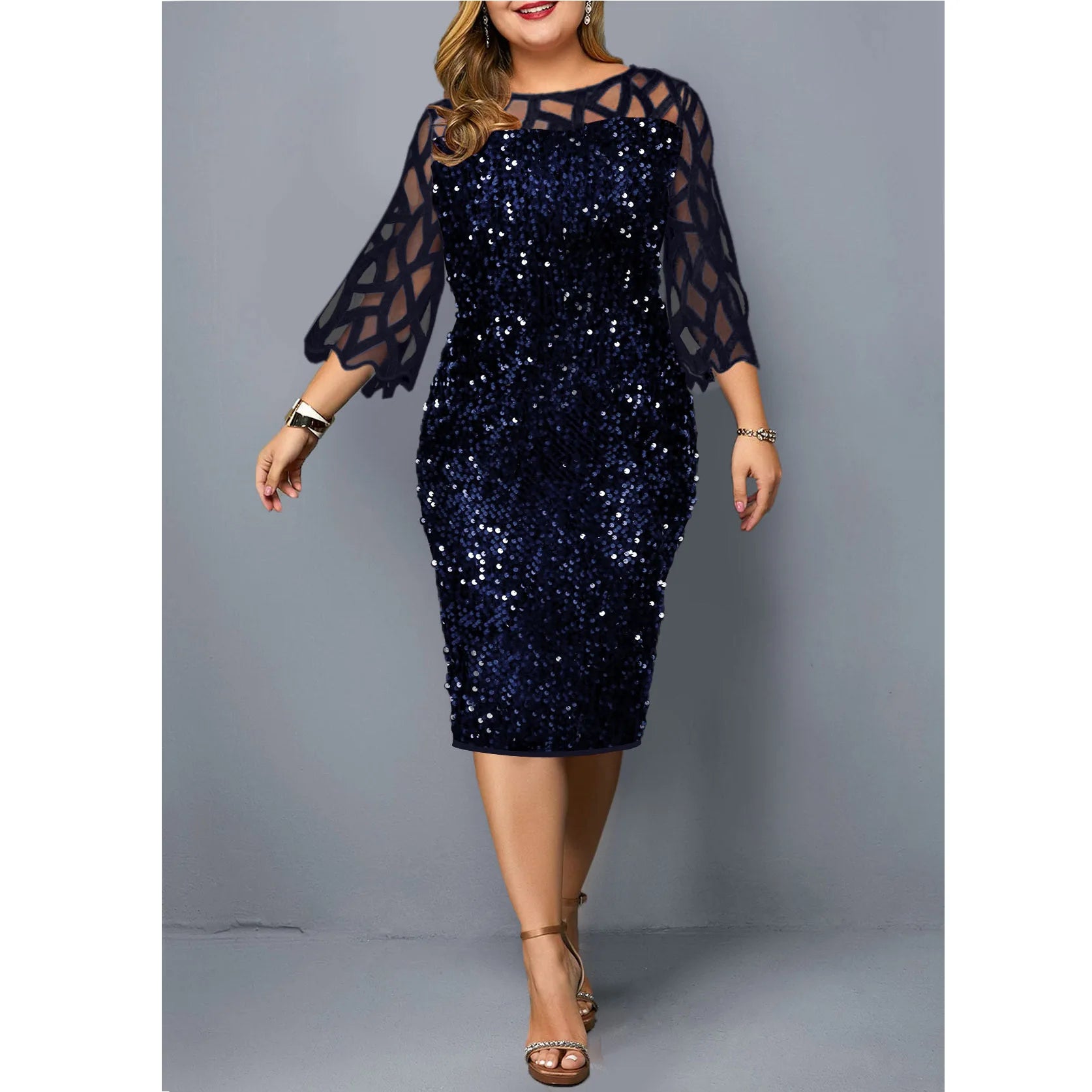 Robe Midi Sequins — Manches Courtes, Silhouette Une Ligne, Style Soirée