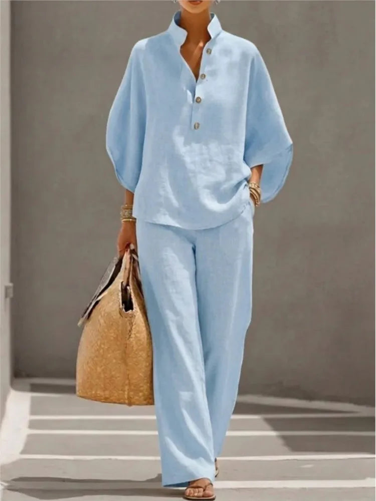 Ensemble 2 Pièces Coton & Lin – Chemise Col Montant Boutonnée & Pantalon Cheville