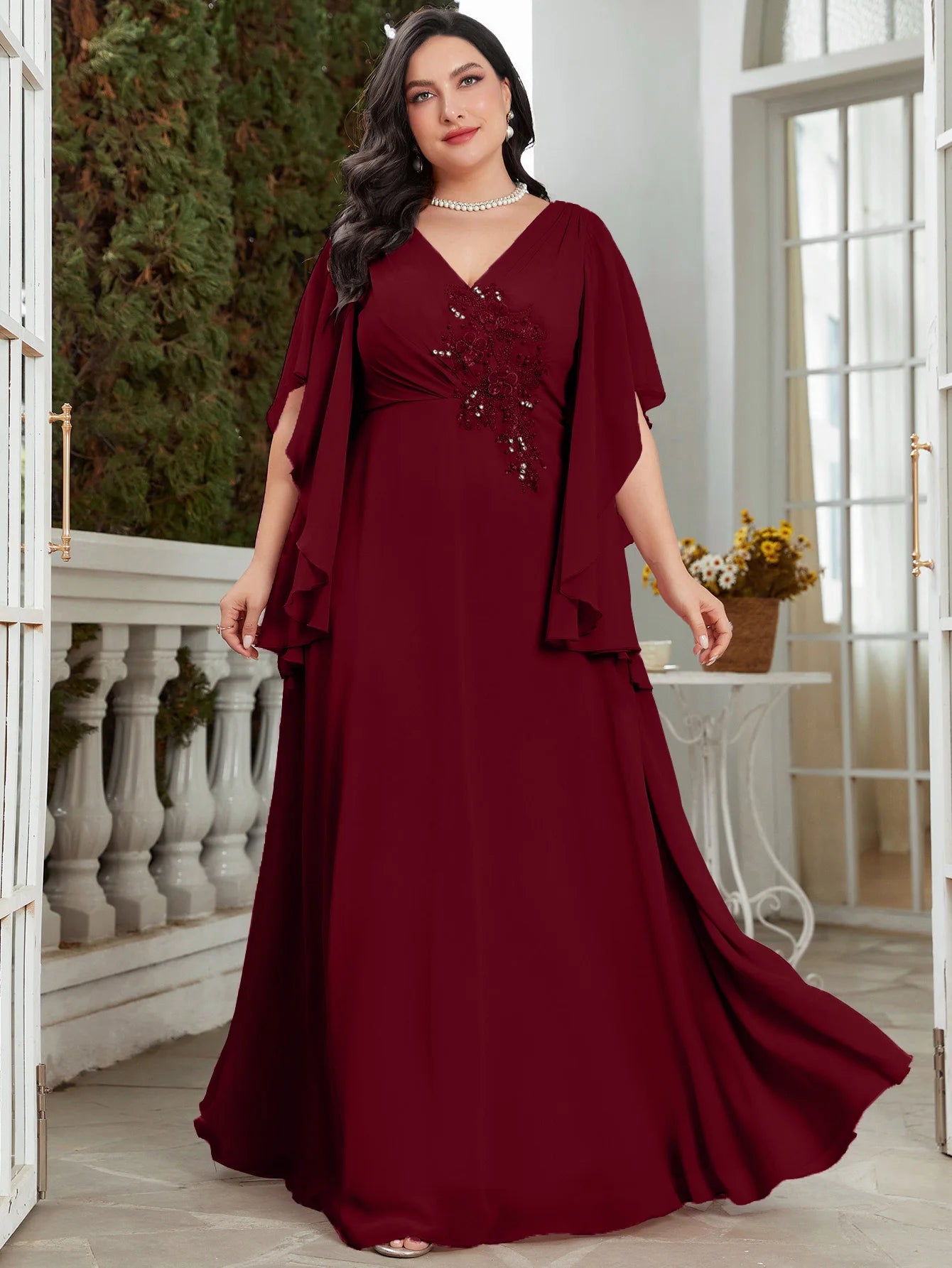 Robe de Soirée Mousseline Brodée — Col en V, Manches Longues, Longueur Cheville