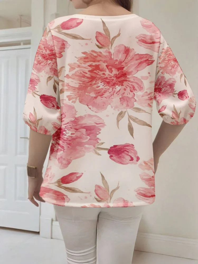 Chemisier Ethnique Floral — Col en V & Manches Bouffantes 3/4