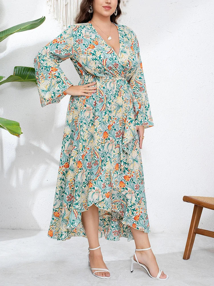 Robe Longue Asymétrique Florale Vert Sauge – Col V & Manches Évasées