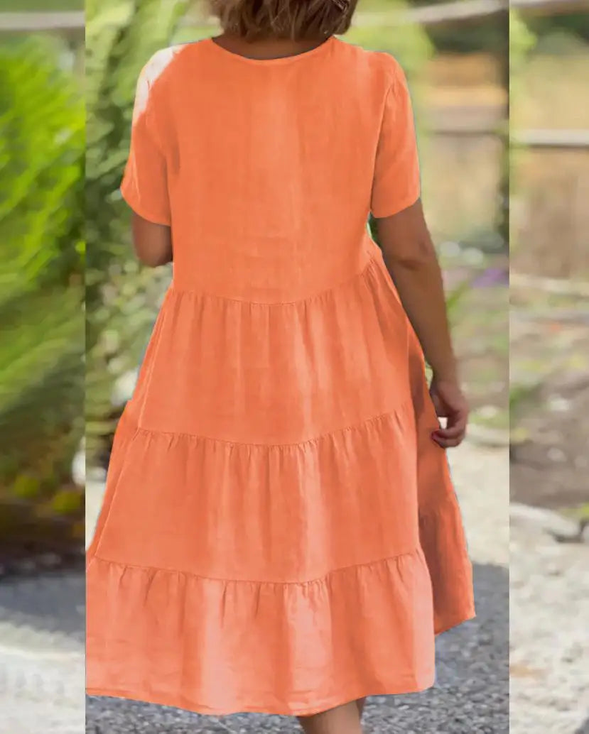 Robe Décontractée Col en V — Manches Courtes, Lin & Fibre, Longueur Genou, Silhouette Une Ligne