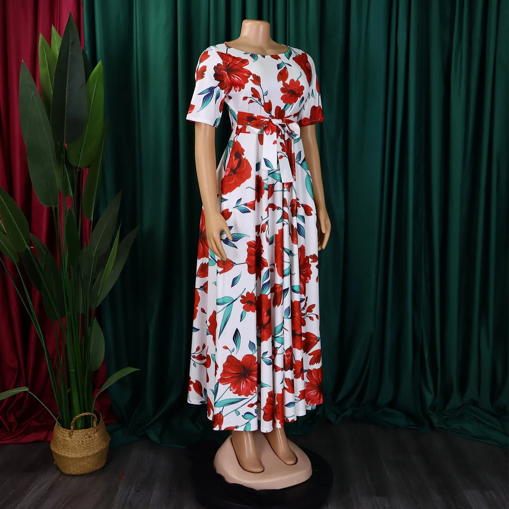 Robe Longue Imprimée avec Ceinture — Col Rond, Manches Courtes, Longueur Cheville