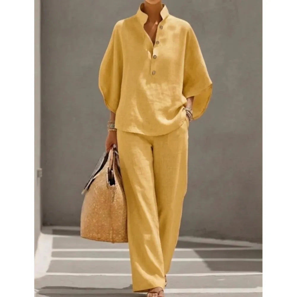 Ensemble 2 Pièces Coton & Lin – Chemise Col Montant Boutonnée & Pantalon Cheville