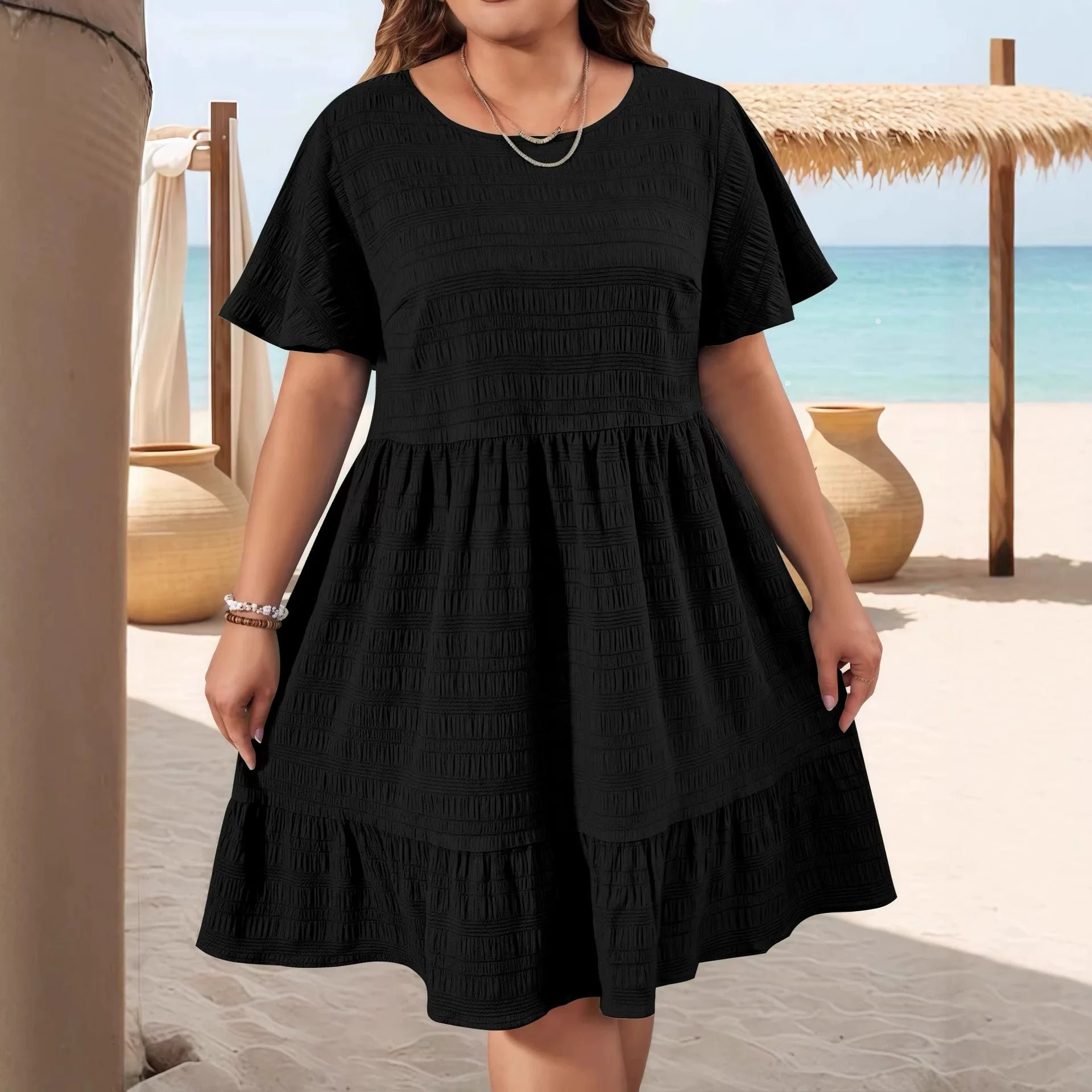 Robe d'Été Ample — Col Rond, Volants & Manches Courtes