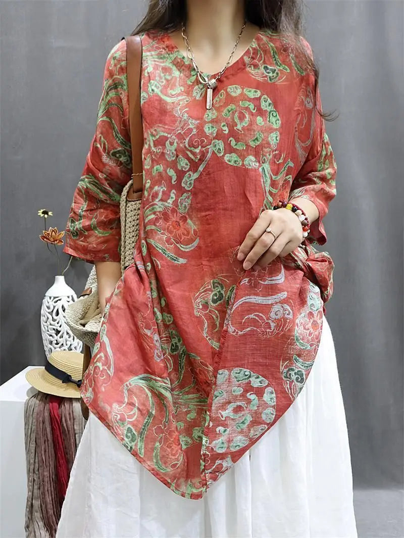 Chemise Mi-Longue Style Chinois — Col Mandarin, Manches Courtes, Imprimé Floral, Coupe Lâche