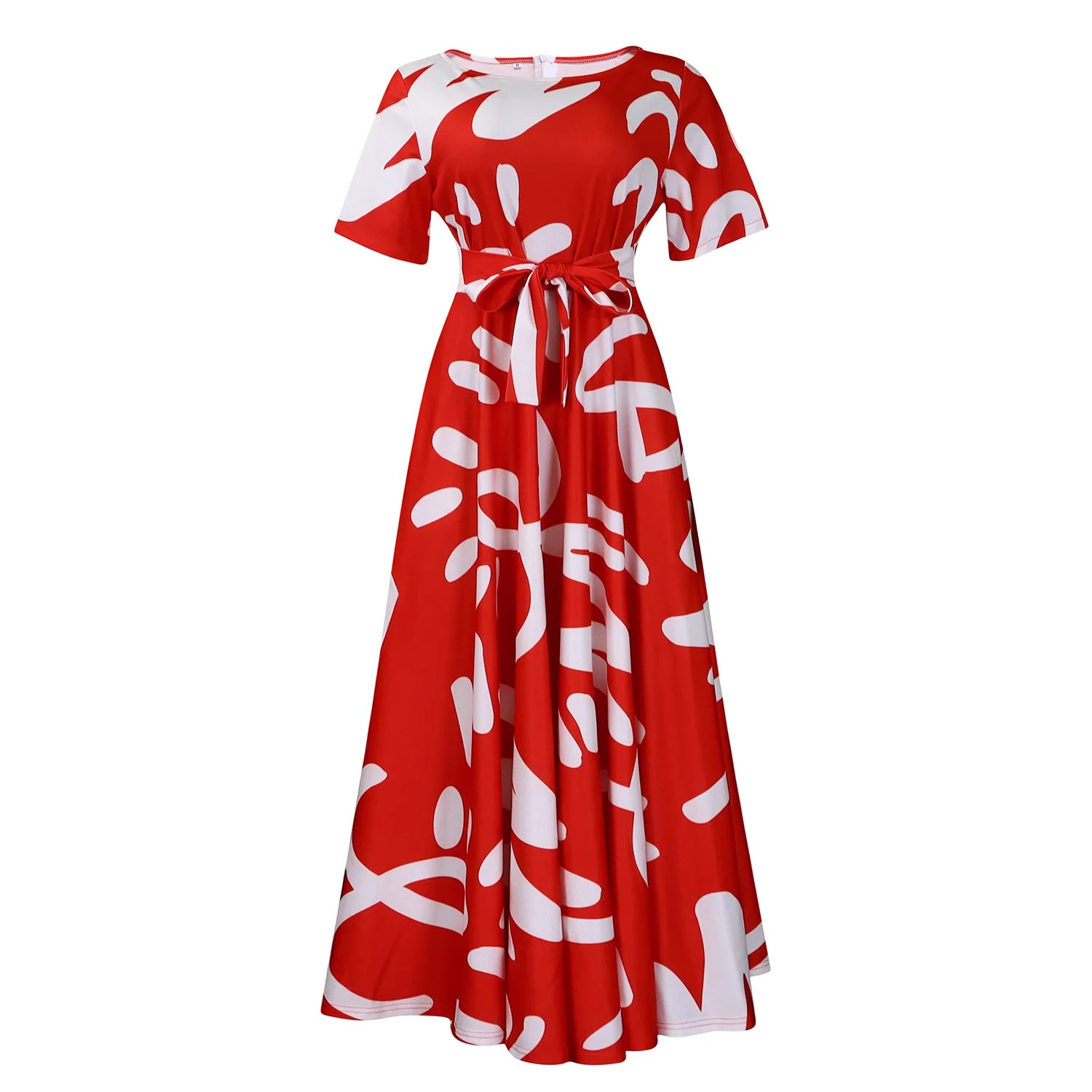 Robe Longue Imprimée avec Ceinture — Col Rond, Manches Courtes, Longueur Cheville