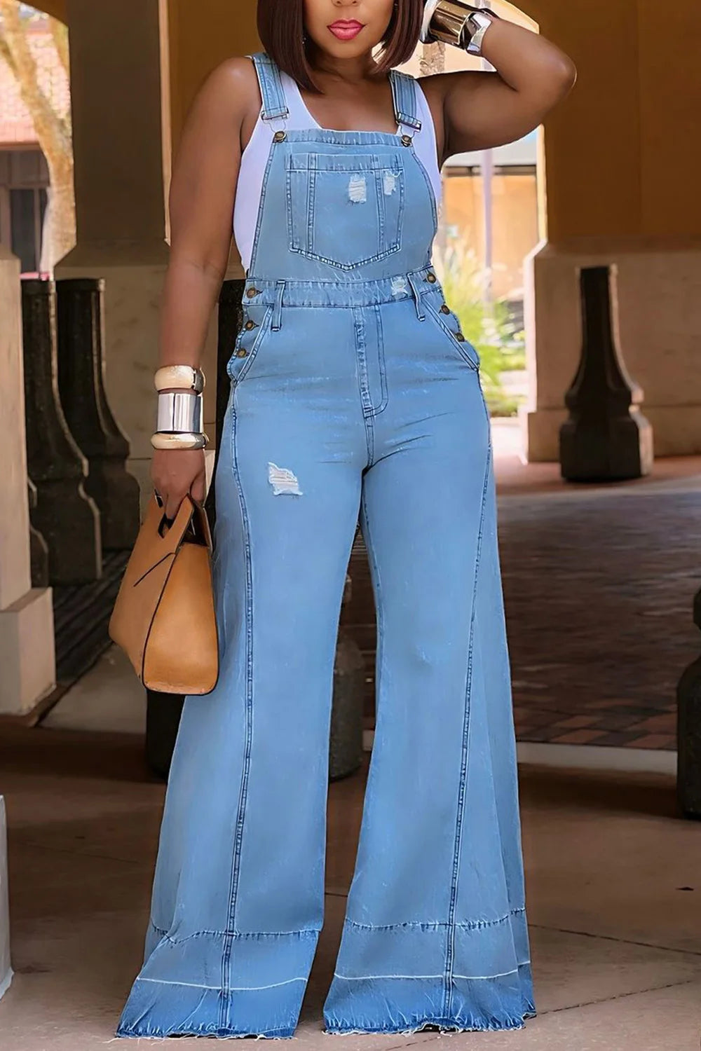 Combinaison Salopette Jean Jambes Larges — Bretelles, Poches, Pleine Longueur
