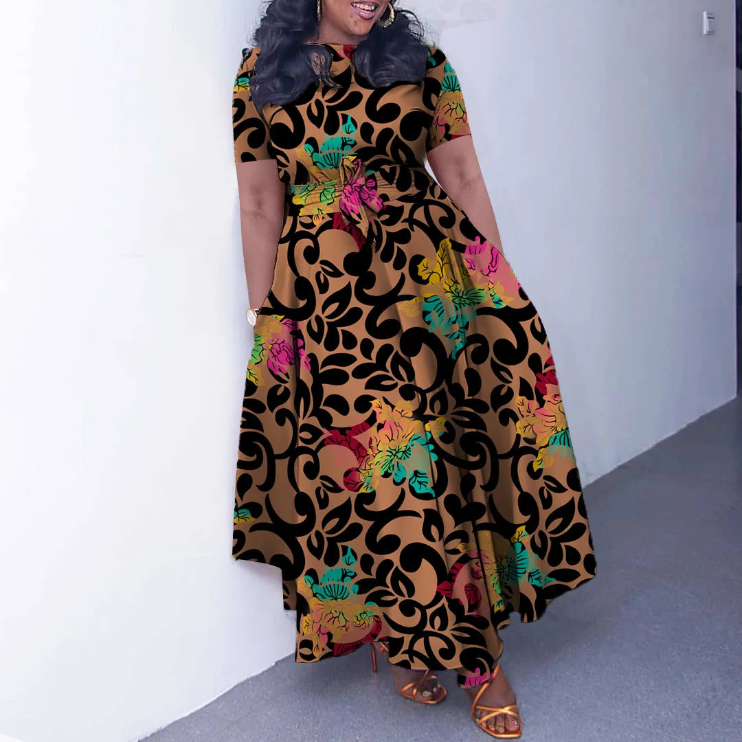 Robe Longue Imprimée — Col Rond, Manches Courtes, Longueur Cheville
