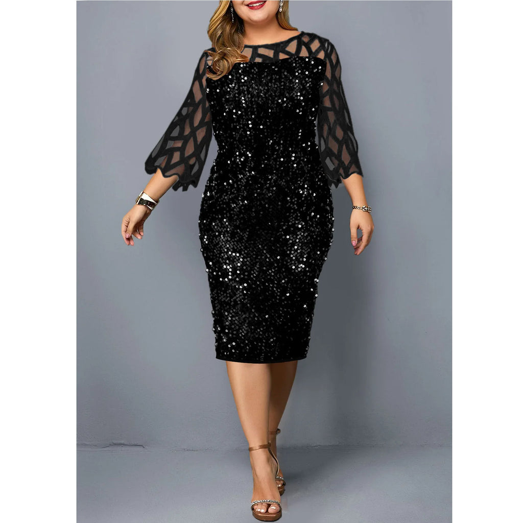 Robe Midi Sequins — Manches Courtes, Silhouette Une Ligne, Style Soirée