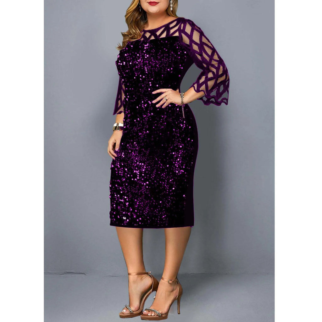 Robe Midi Sequins — Manches Courtes, Silhouette Une Ligne, Style Soirée
