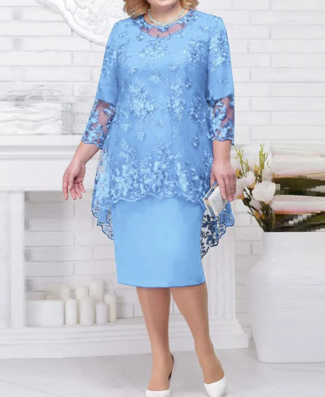 Ensemble 2 Pièces Robe Soirée — Col Rond, Broderie Dentelle, Manches 3/4, Slim Fit