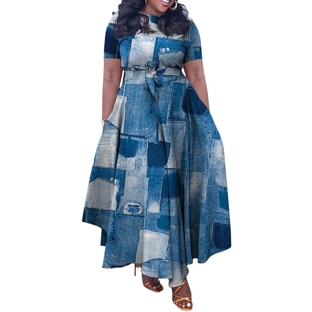 Robe Longue Imprimée — Col Rond, Manches Courtes, Longueur Cheville