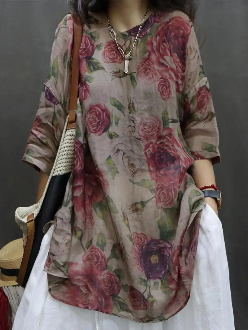 Chemise Mi-Longue Style Chinois — Col Mandarin, Manches Courtes, Imprimé Floral, Coupe Lâche