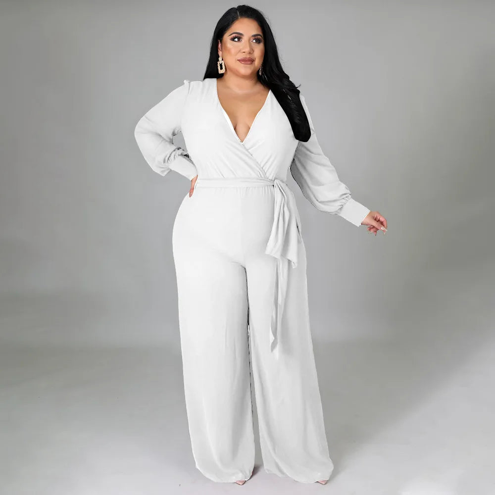 Combinaison Col en V & Ceinture — Écharpe, Jambes Larges, Pleine Longueur, Automne/Hiver