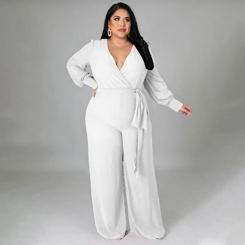 Combinaison Col en V & Ceinture — Écharpe, Jambes Larges, Pleine Longueur, Automne/Hiver