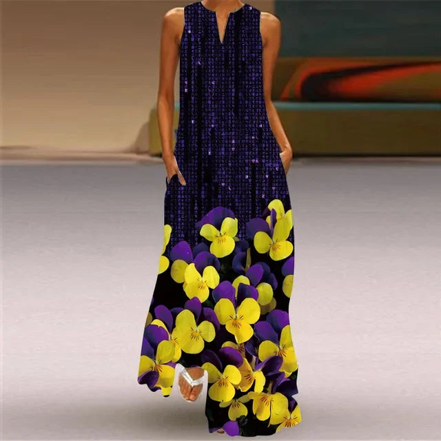 Robe Longue Imprimée Artistique — Col en V, Sans Manches, Poche, Longueur Sol