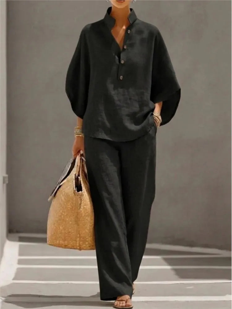 Ensemble 2 Pièces Coton & Lin – Chemise Col Montant Boutonnée & Pantalon Cheville