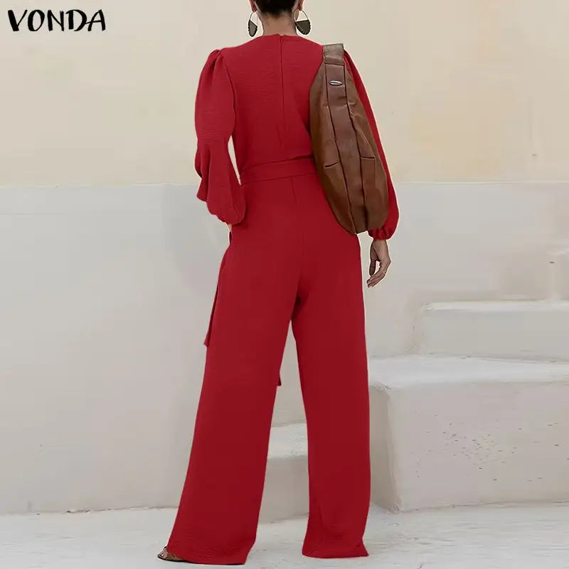 Combinaison Manches Longues Plissées — Col Revers, Ceinture, Pantalon Cheville
