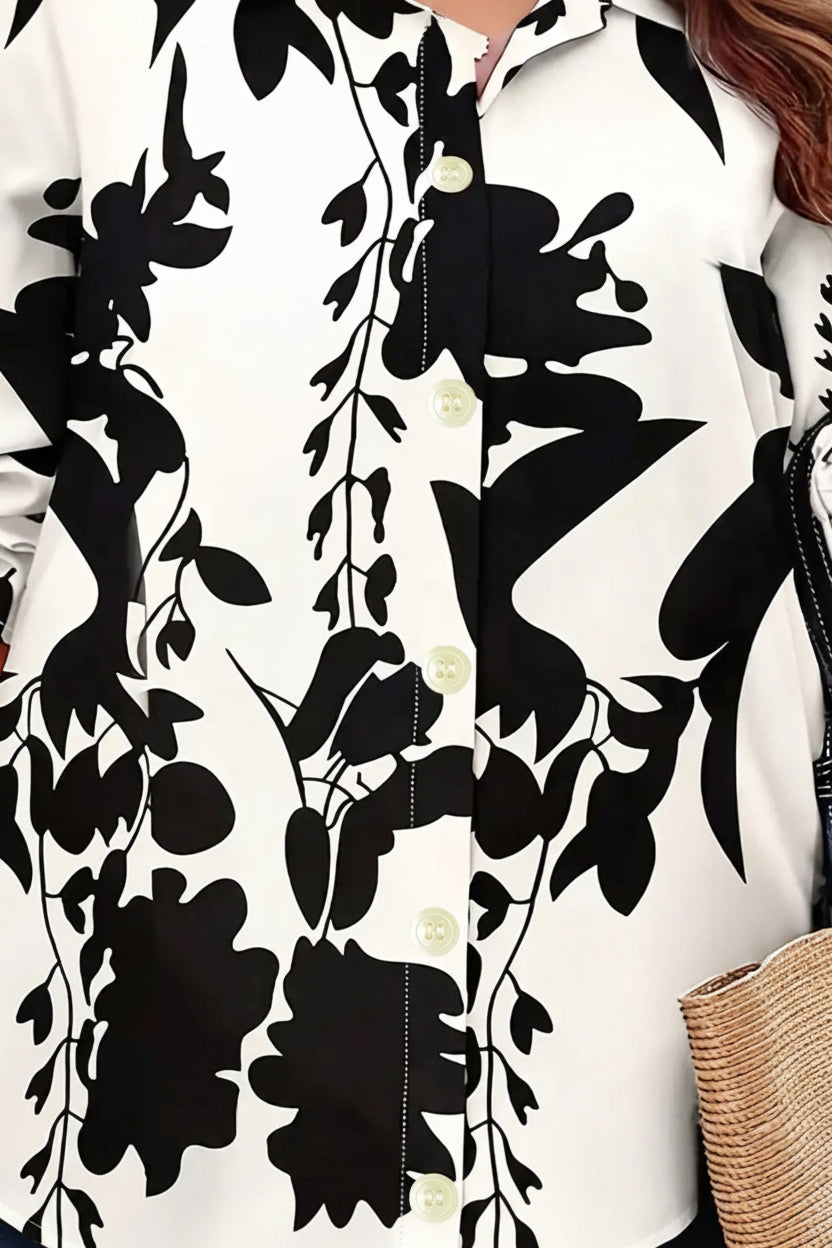 Robe Longue Florale Noir & Blanc – Manches Longues & Longueur Cheville