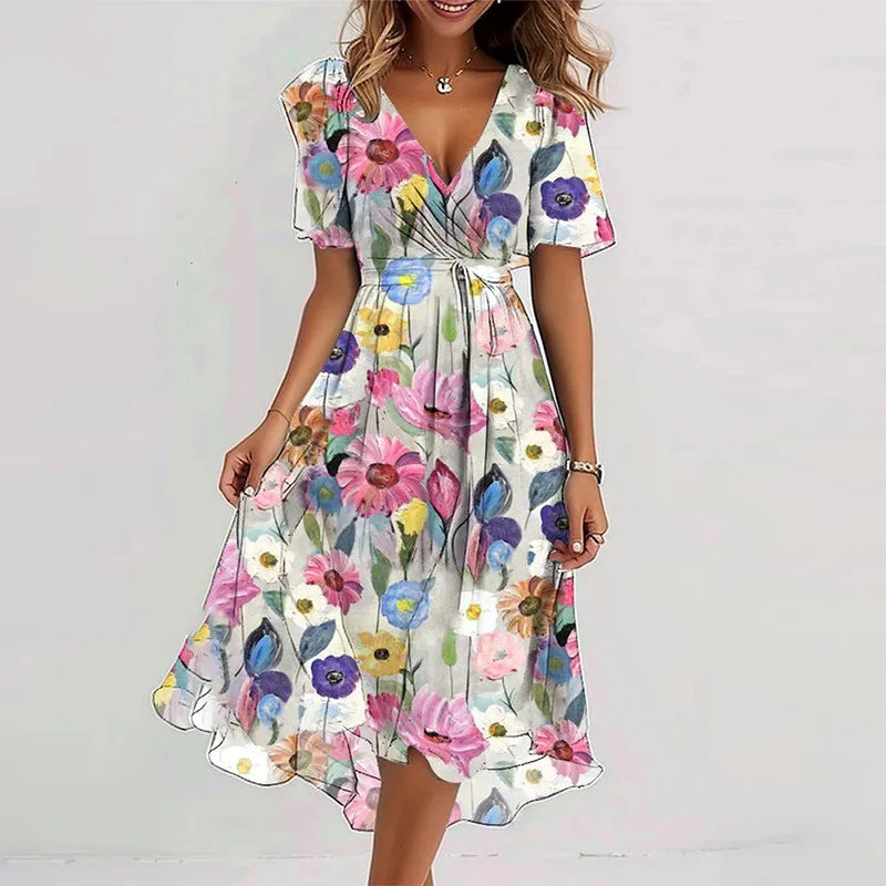 Robe Mini Plissée Imprimée — Col en V, Appliques, Coupe Ajustée