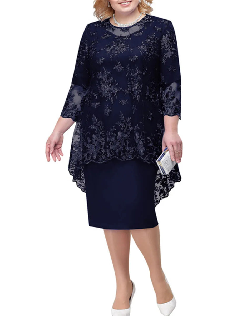 Ensemble 2 Pièces Robe Soirée — Col Rond, Broderie Dentelle, Manches 3/4, Slim Fit