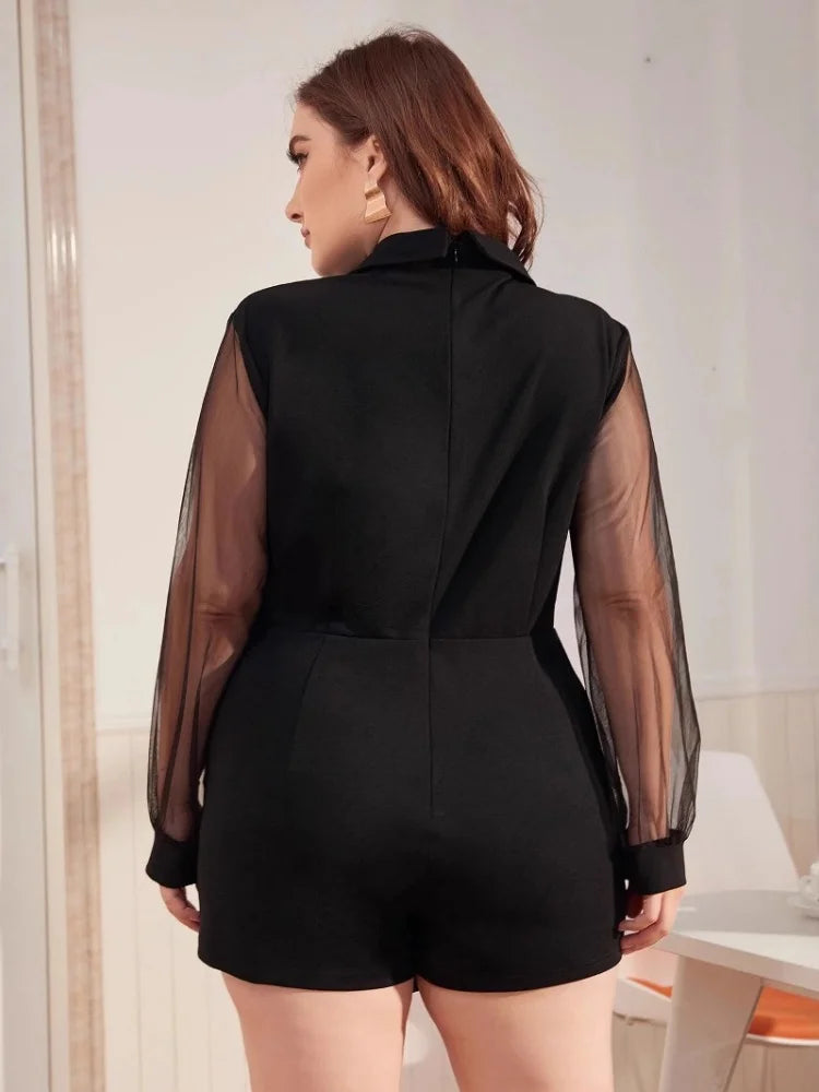 Combinaison Blazer — Col en V, Double Boutonnage, Pantalon Croisé, Manches Tulle