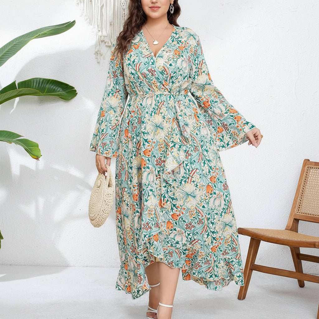 Robe Longue Asymétrique Florale Vert Sauge – Col V & Manches Évasées