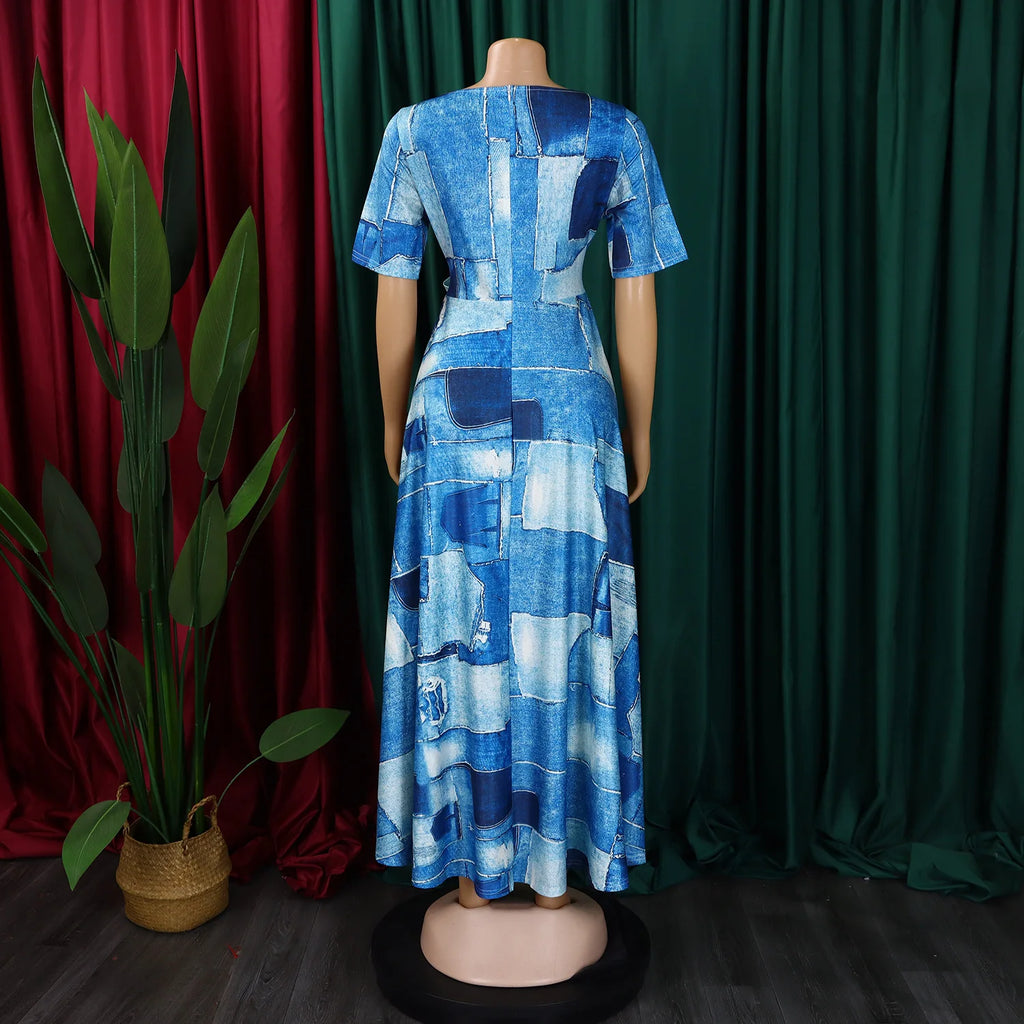 Robe Longue Imprimée avec Ceinture — Col Rond, Manches Courtes, Longueur Cheville