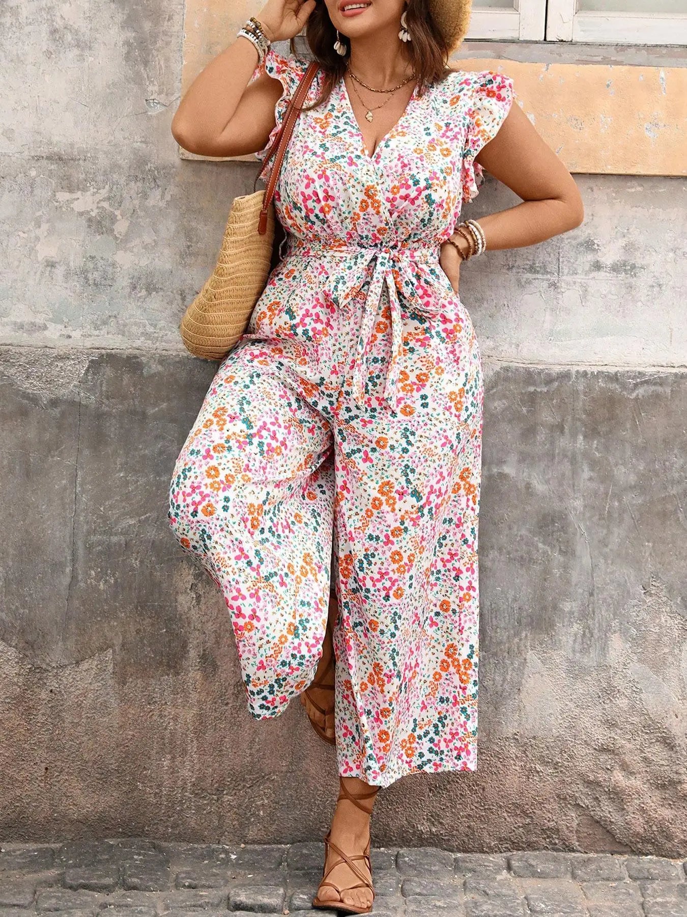 Combinaison Florale Bretelles à Nouer — Col en V, Sans Manches, Jambes Larges