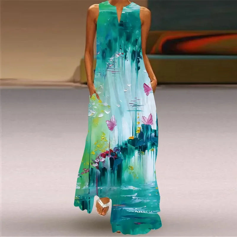 Robe Longue Imprimée Vintage — Col en V, Sans Manches, Longueur Sol
