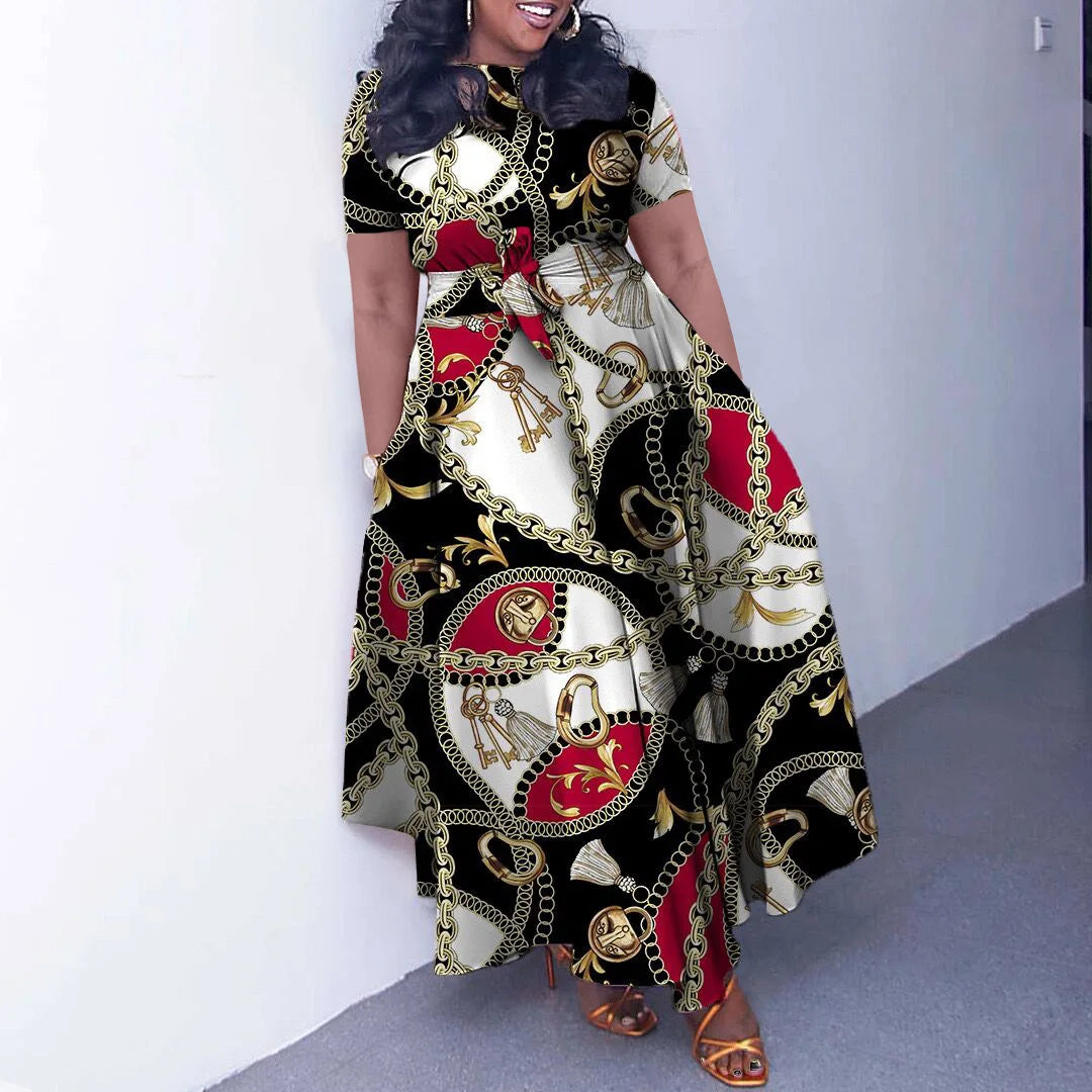 Robe Longue Imprimée avec Ceinture — Col Rond, Manches Courtes, Longueur Cheville