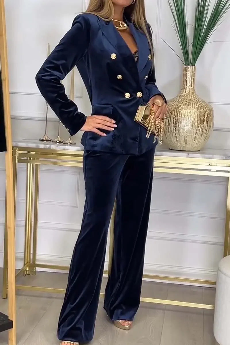 Ensemble 2 Pièces Slim — Col Rabattu, Double Boutonnage, Pantalon Cheville, Soirée