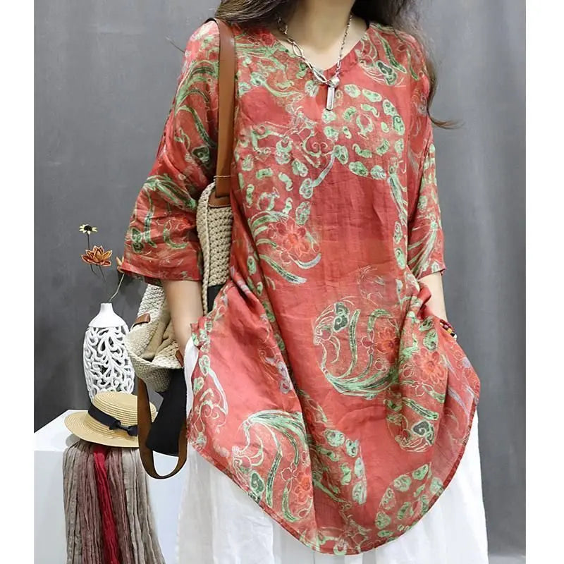 Chemise Mi-Longue Style Chinois — Col Mandarin, Manches Courtes, Imprimé Floral, Coupe Lâche