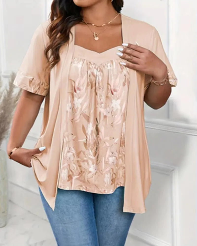 Top Floral 2 en 1 — Col Cou Fendu & Manches Mi-Longues