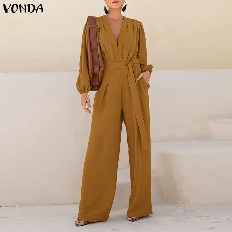 Combinaison Manches Longues Plissées — Col Revers, Ceinture, Pantalon Cheville