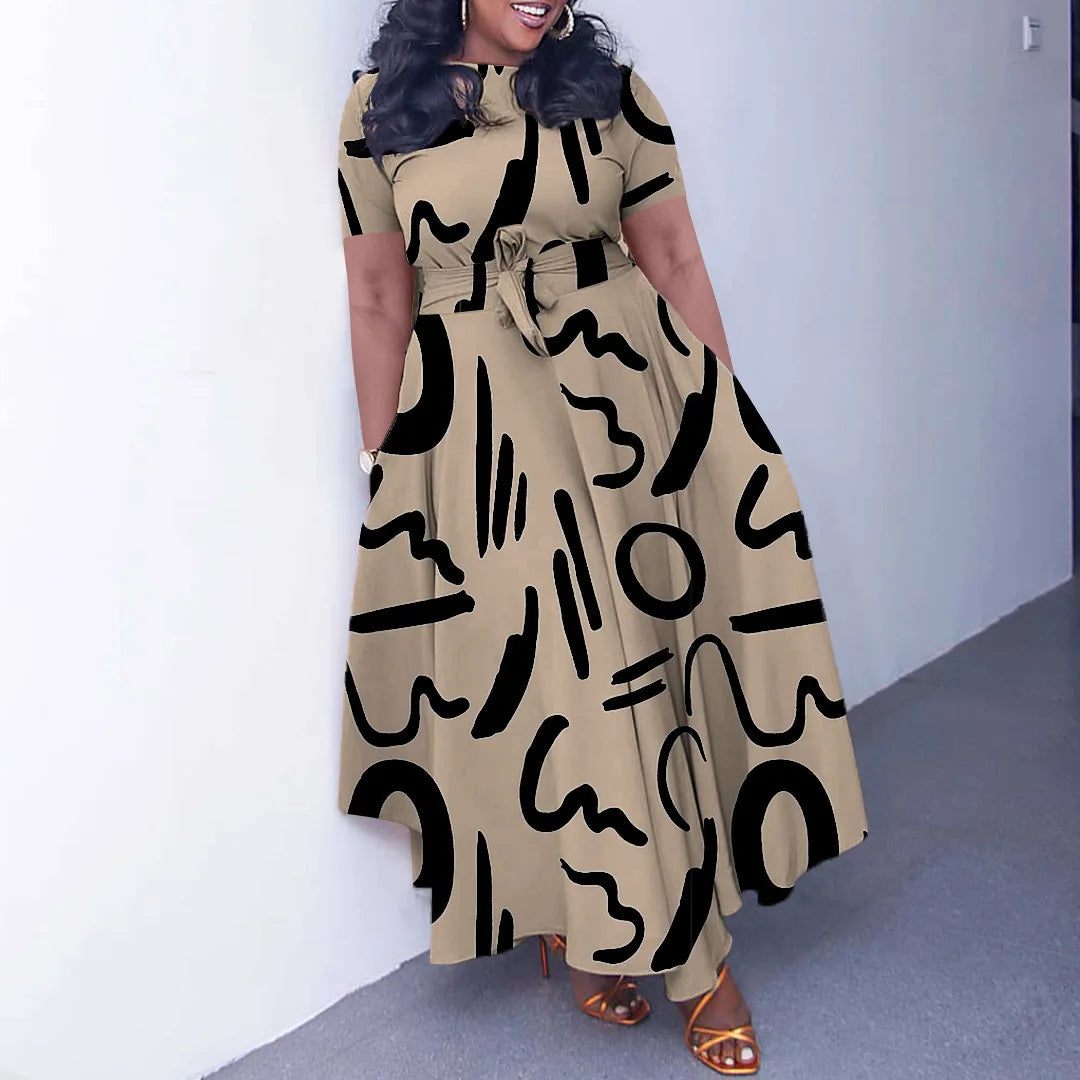 Robe Longue Imprimée — Col Rond, Manches Courtes, Longueur Cheville