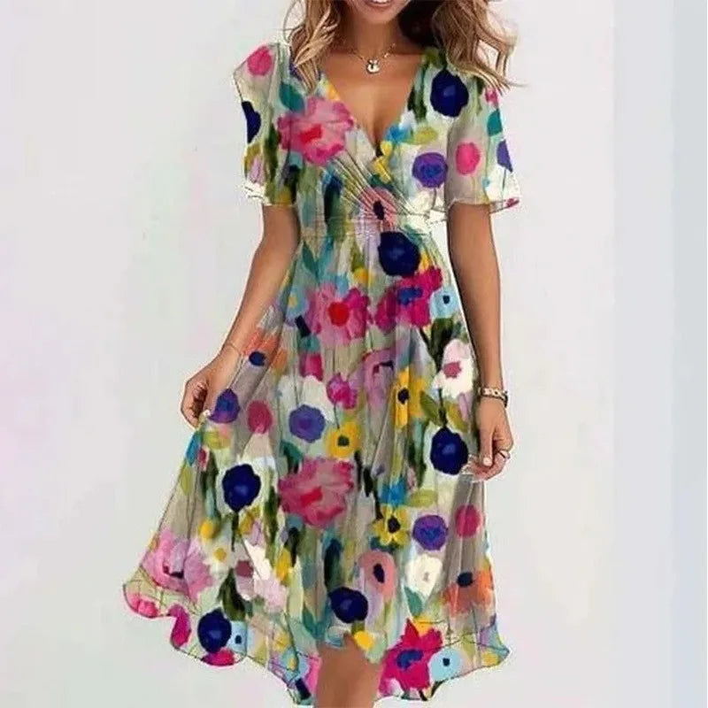 Robe Mini Plissée Imprimée — Col en V, Appliques, Coupe Ajustée