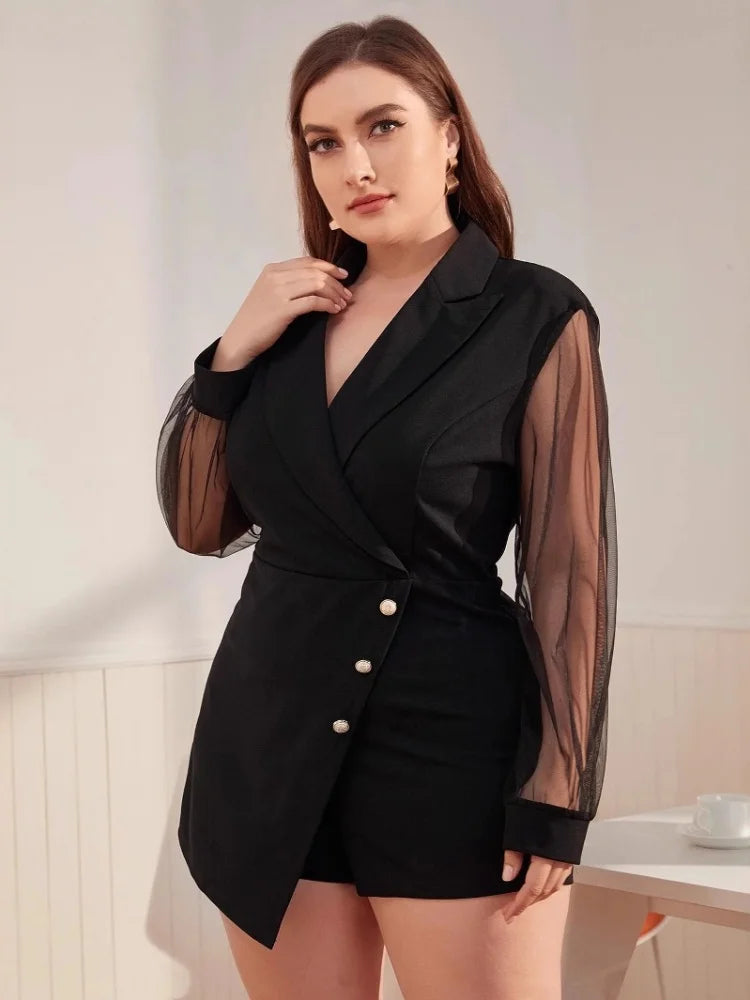 Combinaison Blazer — Col en V, Double Boutonnage, Pantalon Croisé, Manches Tulle