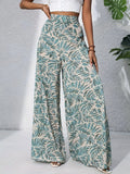 Pantalon Large Imprimé Floral — Taille Haute, Poche, Pleine Longueur