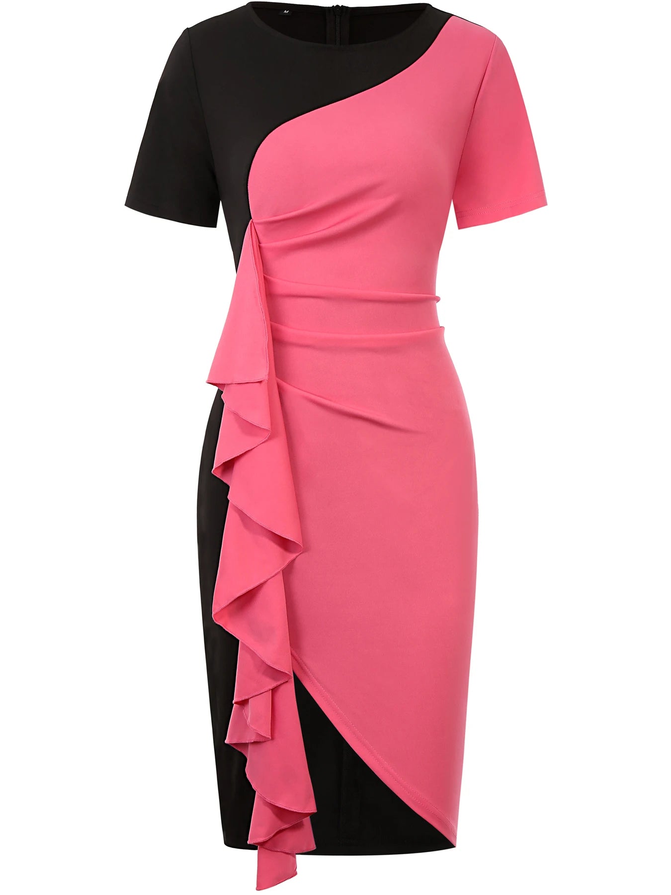 Robe Moulante Colorblock — Col Rond, Manches Courtes & Volants