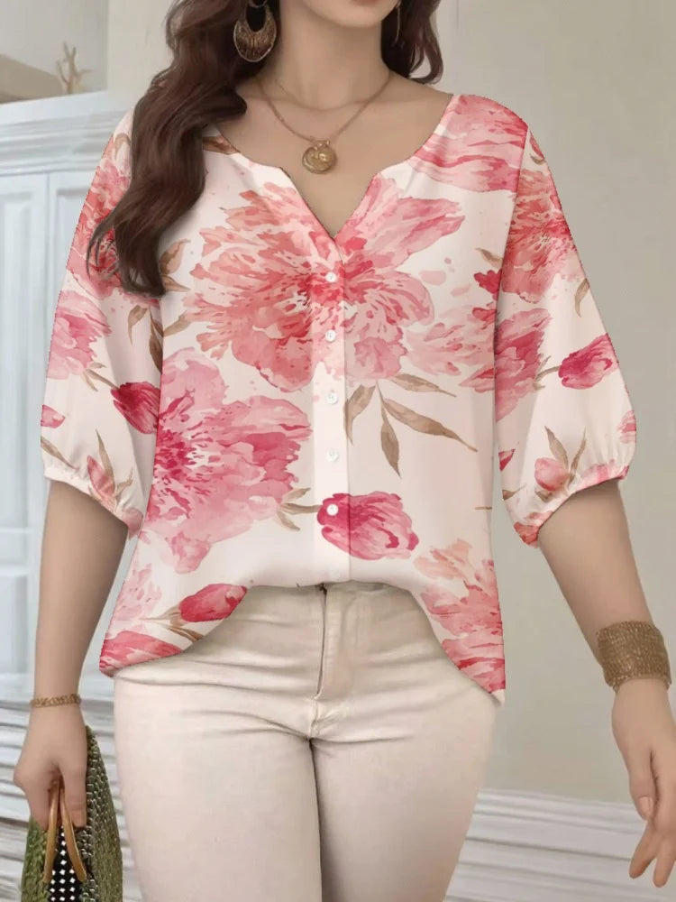 Chemisier Ethnique Floral — Col en V & Manches Bouffantes 3/4
