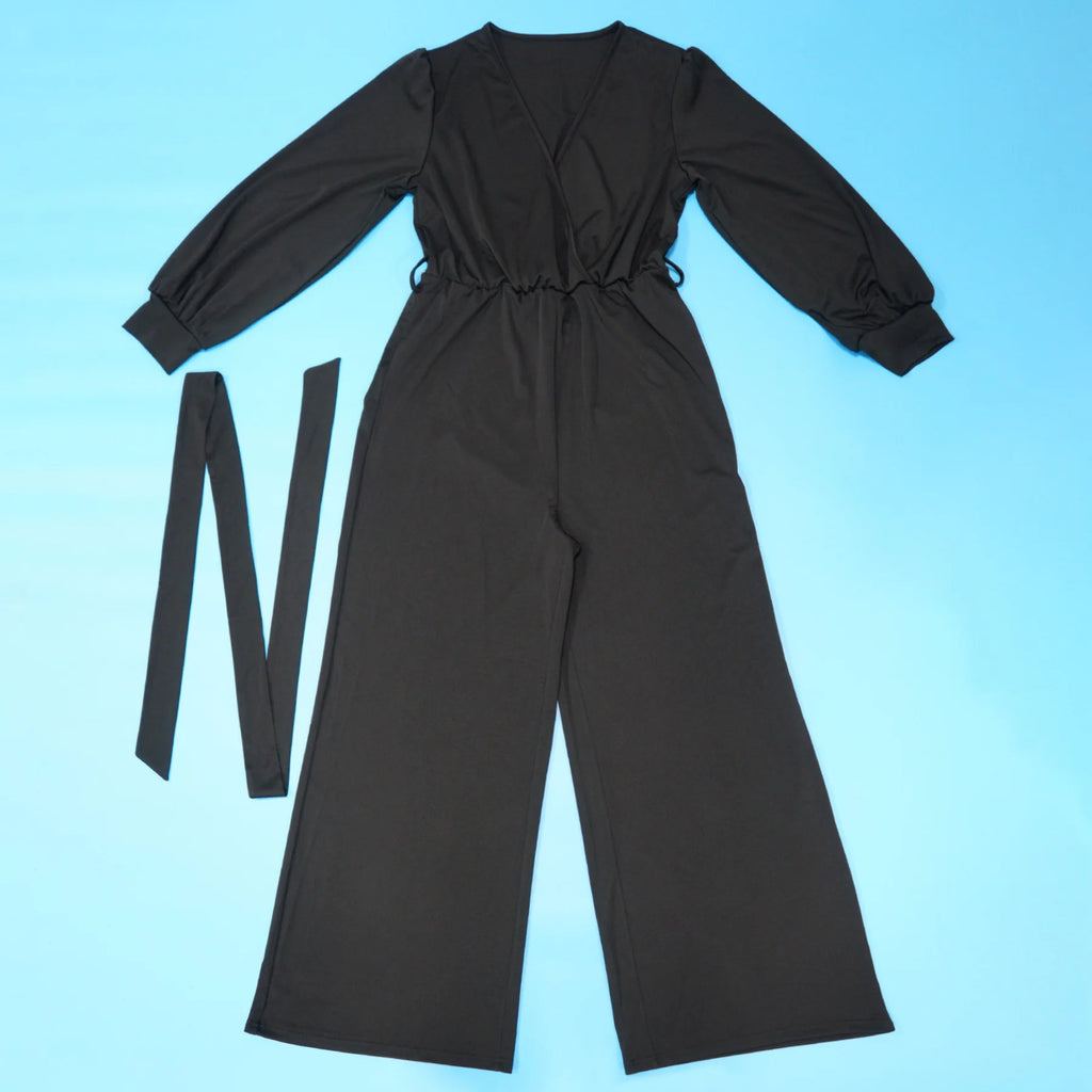 Combinaison Col en V & Ceinture — Écharpe, Jambes Larges, Pleine Longueur, Automne/Hiver