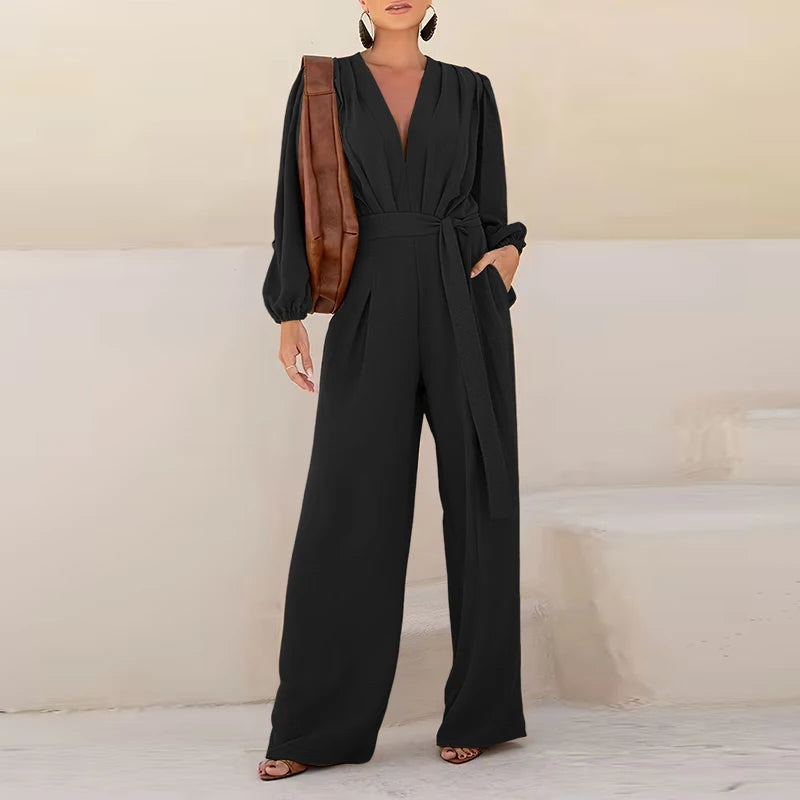 Combinaison Manches Longues Plissées — Col Revers, Ceinture, Pantalon Cheville