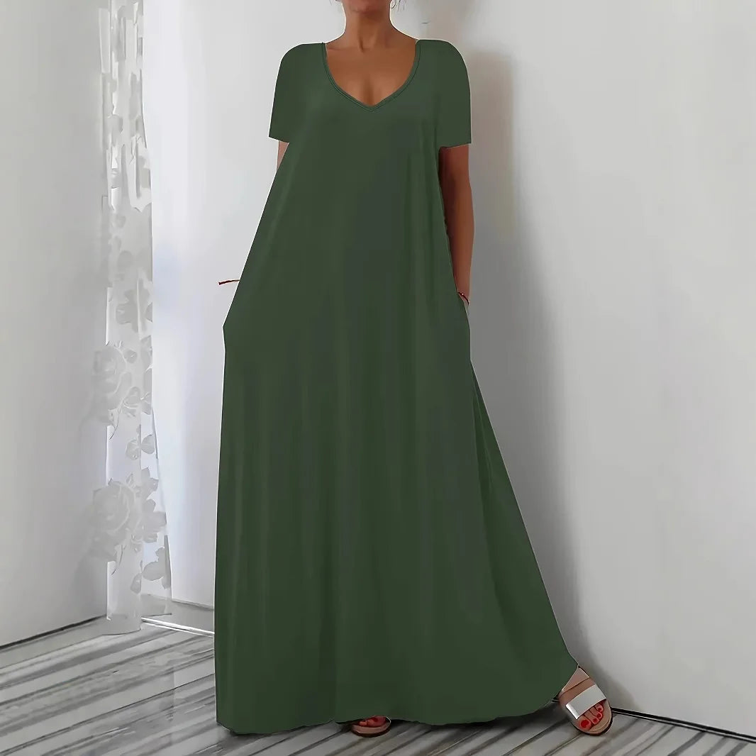 Robe Longue Ample — Col en V, Manches Courtes & Poche