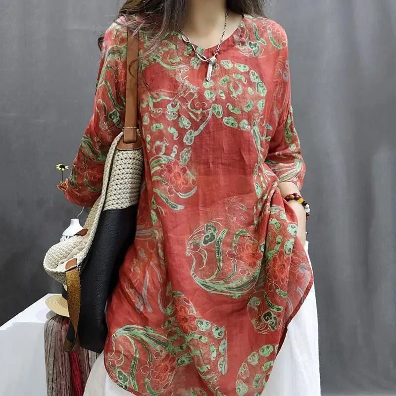 Chemise Mi-Longue Style Chinois — Col Mandarin, Manches Courtes, Imprimé Floral, Coupe Lâche