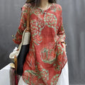 Chemise Mi-Longue Style Chinois — Col Mandarin, Manches Courtes, Imprimé Floral, Coupe Lâche