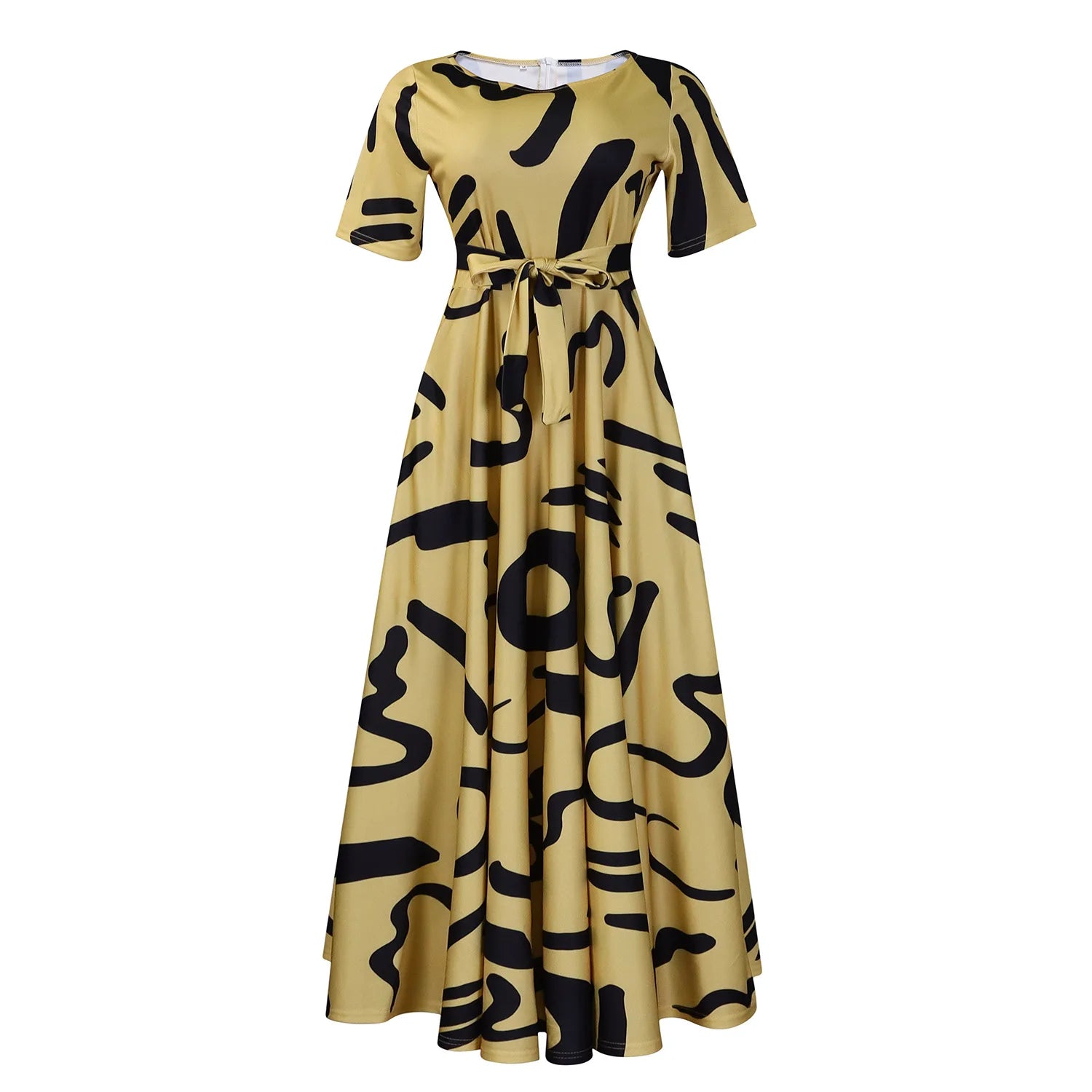 Robe Longue Imprimée avec Ceinture — Col Rond, Manches Courtes, Longueur Cheville
